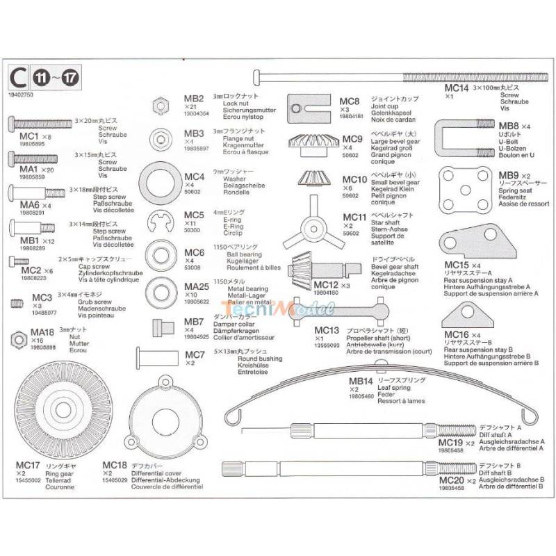 Sachet C (Pièces de ponts) pour camions Tamiya Actros 3363, Cascadia, Grand Hauler, Scania 770 S