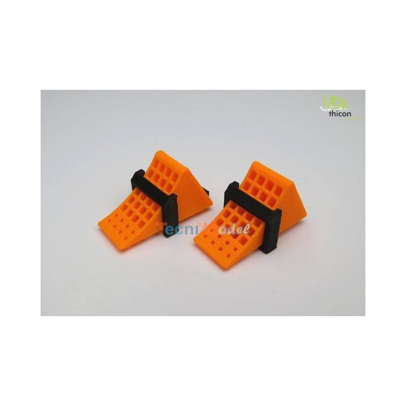 Paire de cales de roues oranges avec supports noirs 1/14 - Thicon 50094
