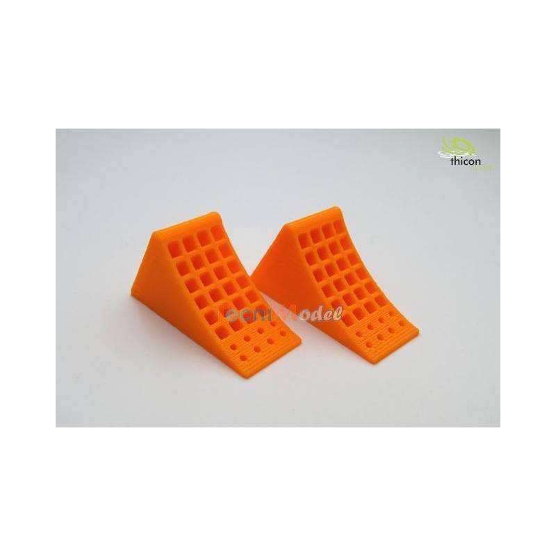 Paire de cales de roues oranges avec supports noirs 1/14 - Thicon 50094