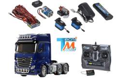 Tamiya Camion Mercedes Actros 3363 6x4 1/14 bleu métallisé + Truck-Set Carson