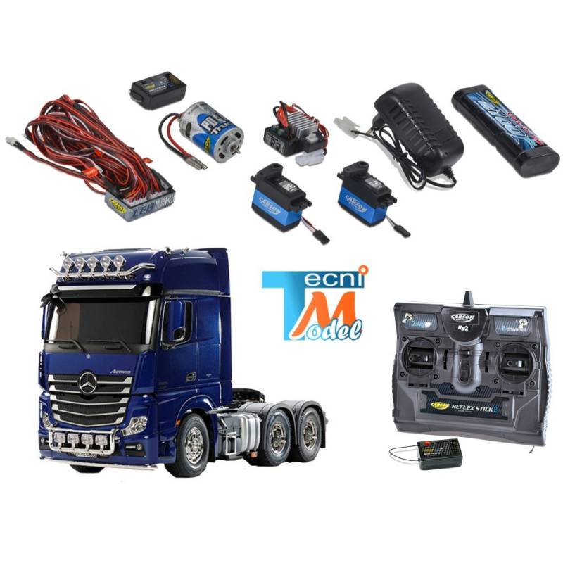 Tamiya Camion Mercedes Actros 3363 6x4 1/14 bleu métallisé + Truck-Set Carson