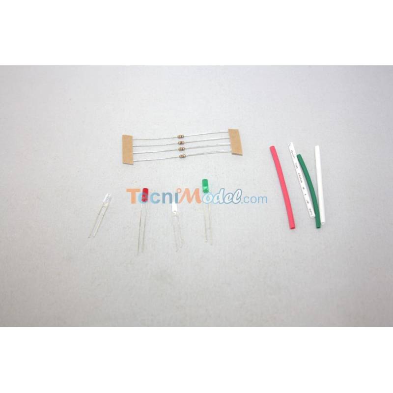 Kit leds cylindriques 3mm feux de position 6v-7.2v 1 rouge, 1 verte et 2 blanches