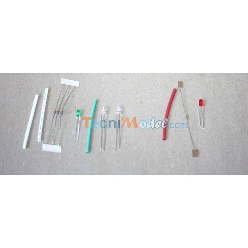 Kit leds 3mm feux de position 7.2v 1 rouge. 1 verte. 2 blanches