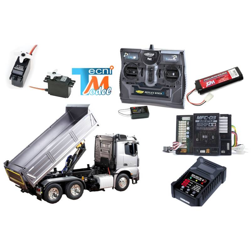 Camion Tamiya Mercedes Arocs 3348 benne 56357 avec levage, lumières et son (Pack Complet)