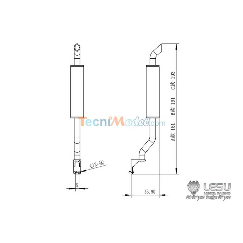 Echappement vertical LESU 181mm pour camion rc 1/14 Tamiya ou LESU