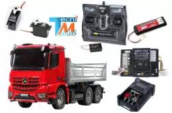 Camion Tamiya Mercedes Arocs 3348 benne 56361 ROUGE avec levage, lumières et son (Pack Complet)