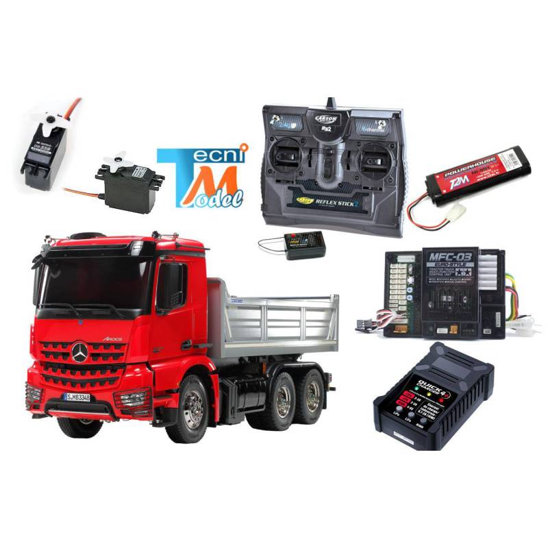 Camion Tamiya Mercedes Arocs 3348 benne 56361 ROUGE avec levage, lumières et son (Pack Complet)