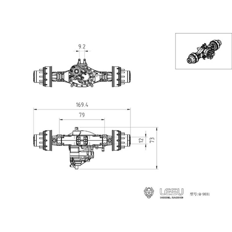 Set of 3 LESU axles with inter-axle differentials for 6x6 RC Trucks.