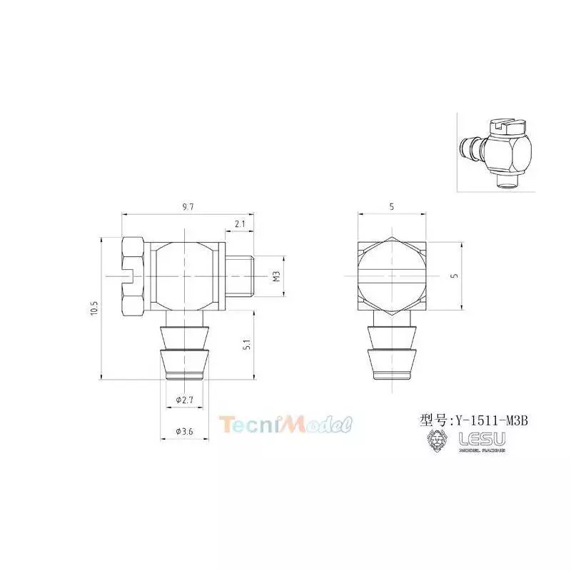 Raccord hydraulique coudé M3 pour durite Ø2.5/4mm - LESU Y-1511-M3B