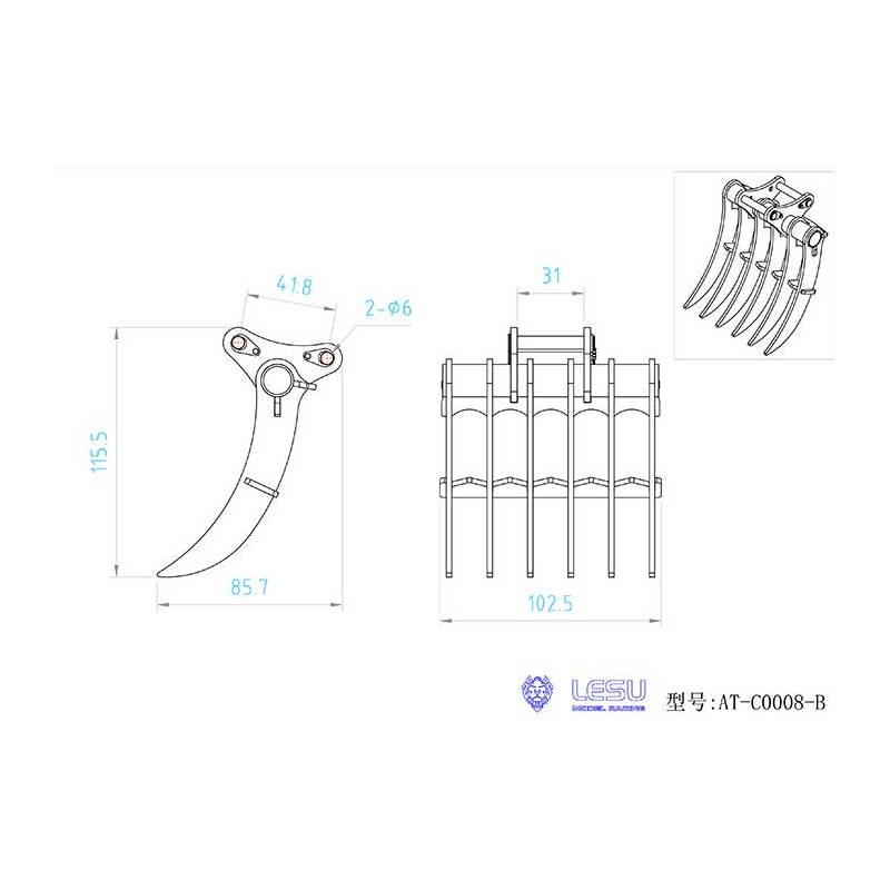 Godet râteau pour pelleteuse LESU PC360 / ET26L / ET30H / R945 - Réf : AT-C0008-B