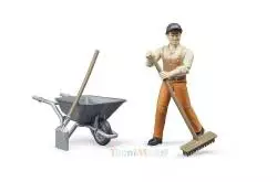 Bruder - 62130 - Figurine - Cantonnier avec Casquette, Pelle, Balais et Brouette