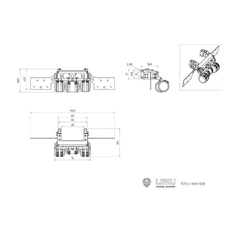 Aluminum and stainless steel rear cross-member with dummy air cylinders - LESU L-1030