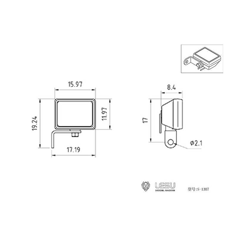 Projecteur rectangulaire 16x12x8,4mm pour bras de pelle ou engin de chantier 1/14 - 1/16 LESU S-1307