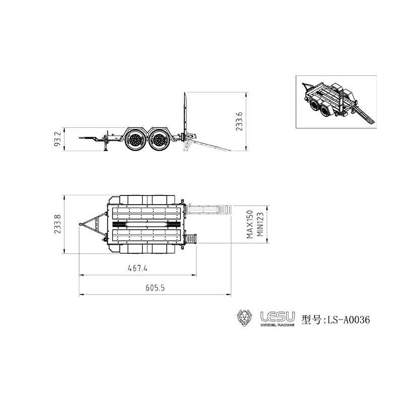Short 2-axle trailer for skid steer loaders 1/14 LESU LS-A0036