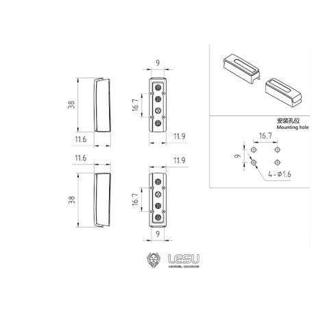 Feux arrière de Volvo FH16 et supports métal pour camion RC 1/14 - LESU S-1269-B