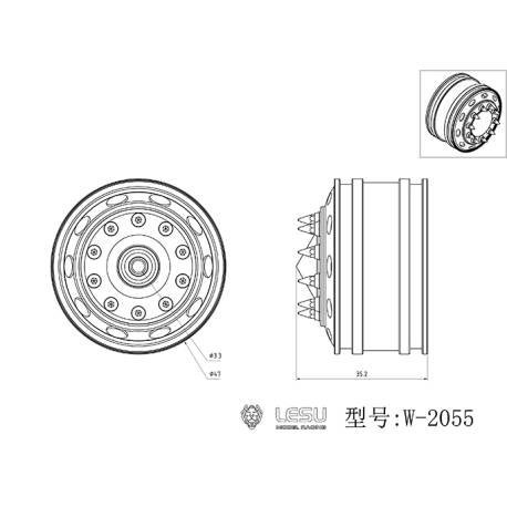 Paire de jantes alu avant larges pour camion américain RC 1/14 (pour roulements) - LESU W-2055-A
