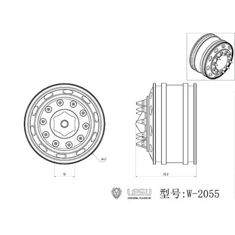 Pair of wide front aluminum wheels for RC 1/14 American truck (for hexagons) - LESU W-2055-B