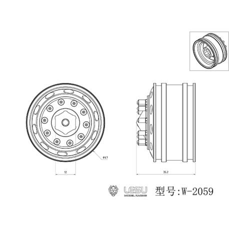 Paire de jantes alu avant larges pour camion américain RC 1/14 (pour hexagones) - LESU W-2059-B