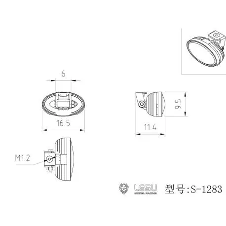 Projecteur ovale 16,5x9,5mm 1/14 Lesu avec led CMS et support articulé - LESU S-1283