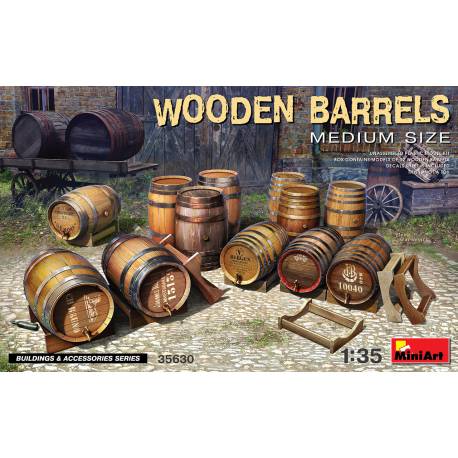 Lot de 12 tonneaux en bois de taille moyenne à l'échelle 1/35 - MiniArt 35630