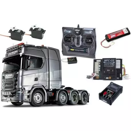 Camion Tamiya Scania 770 S V8 Tracteur Lourd 8x4/4 1/14 avec lumières et sons (Pack complet)
