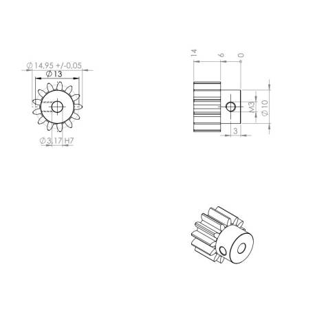 Pignon acier 13 dents module 1 pour arbre Ø3,2mm - Veroma 240370