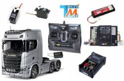 Pack Complet Camion RC Tamiya Scania 770 S V8 6x4 1/14 Aluminium Brillant TS-17 avec lumières et sons