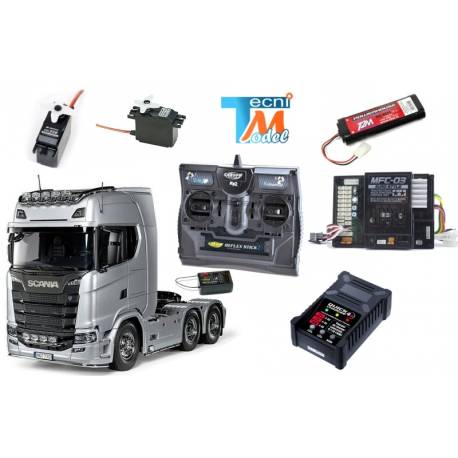 Tamiya RC Truck Scania 770 S V8 6x4 1/14 Brilliant Aluminum TS-17 with lights and sounds (Combo Pack)