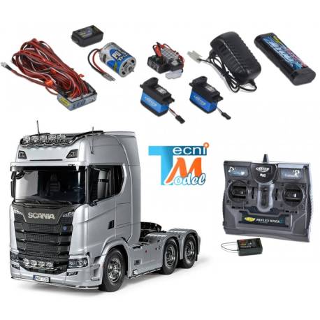 Tamiya Camion Scania 770 S V8 6x4 1/14 Aluminium Brillant TS-17 56373 + Truck-Set Carson