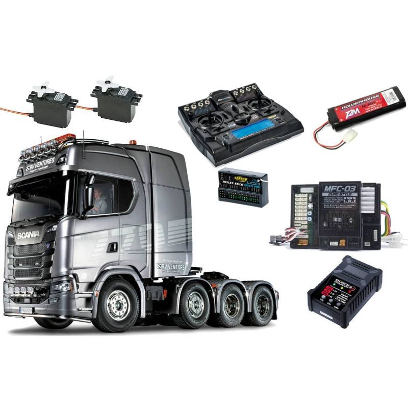 Camion RC Tamiya Scania 770 S V8 Tracteur Lourd 8x4/4 1/14 avec lumières et sons et radiocommande 14 voies LCD (Pack complet)
