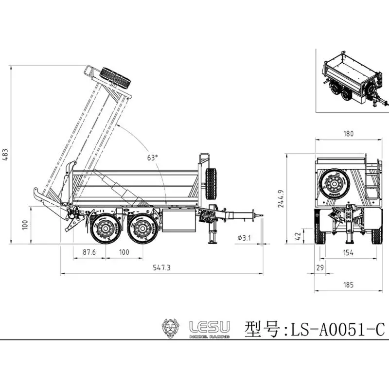 Remorque benne hydraulique à 2 essieux centraux 1/14 Lesu (Modèle C) - Lesu LS-A0051-C