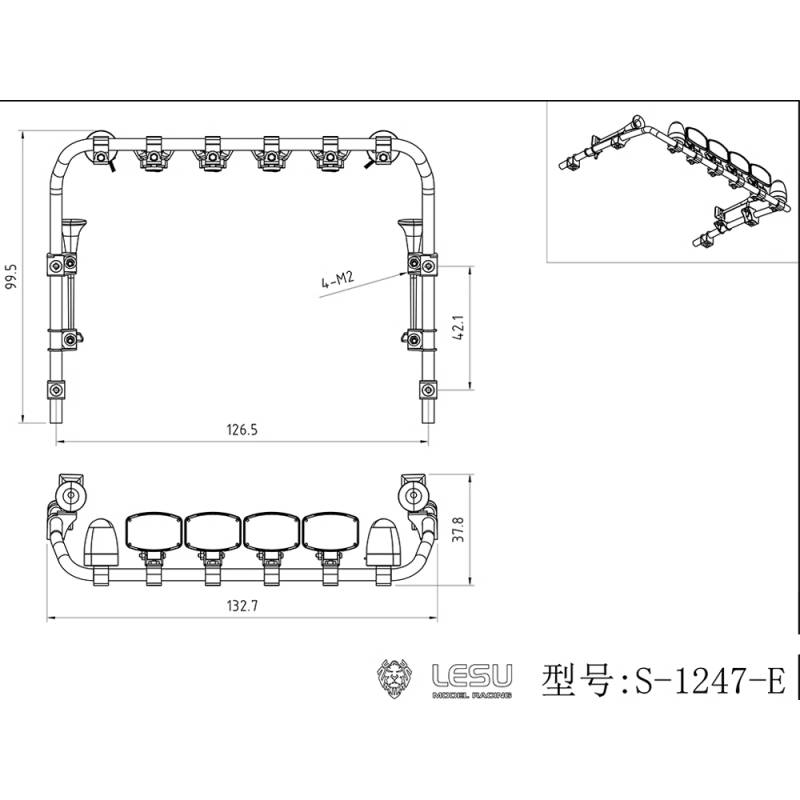 Top lightbar with rectangular spotlights and rotating beacons for Scania 770S 1/14 - Lesu S-1247-E