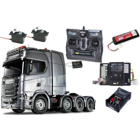 Tamiya RC Truck Scania 770 S V8 8x4/4 1/14 in Gun Metal, with lights and sounds (Complete Pack)