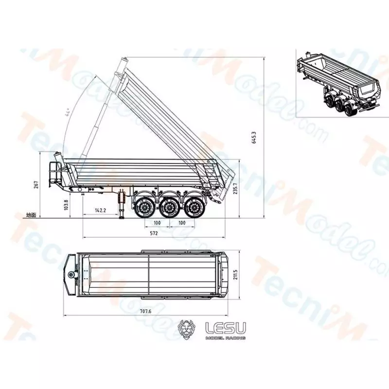 Semi-remorque benne LESU 3 essieux à roues larges avec levage hydraulique 1/14 - LESU LS-A0069