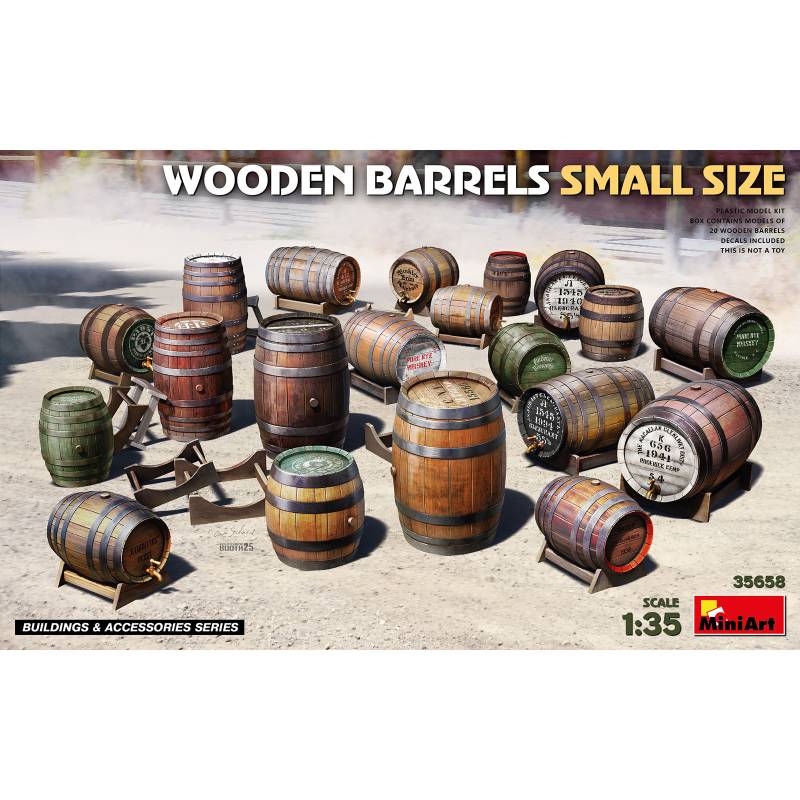 Set of 20 small wooden barrels, scale 1/35