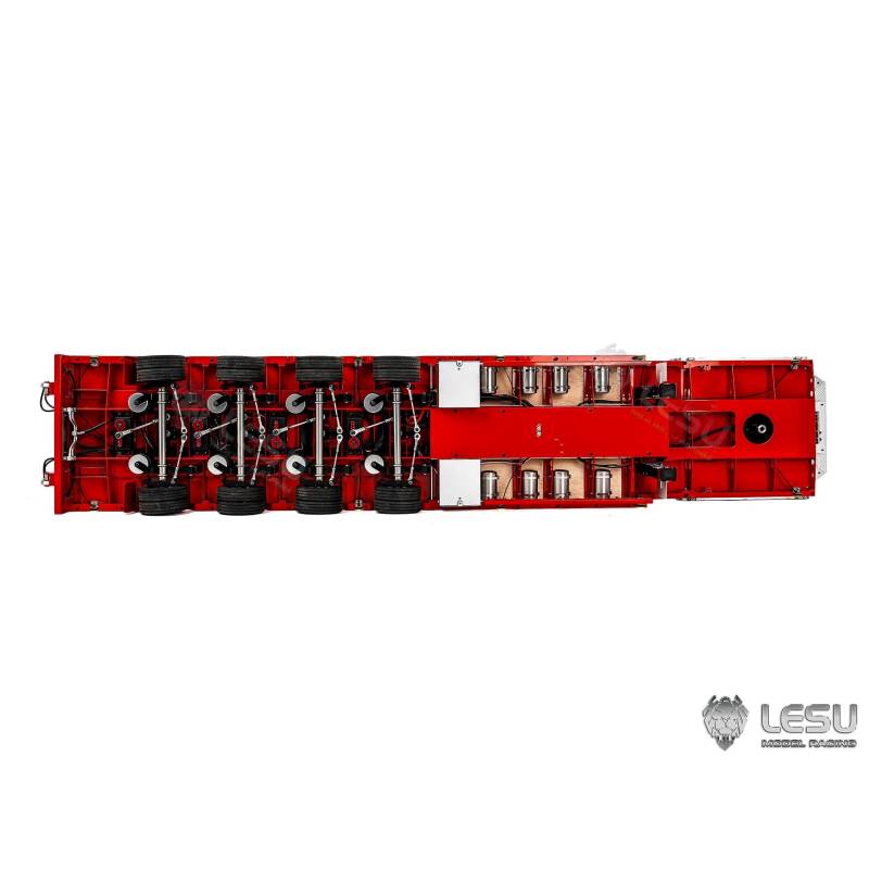 Semi-remorque porte-engin ROUGE à 4 essieux directionnels et rampes hydrauliques LESU pour camion RC 1/14 - LESU LS-A0054-KIT-S