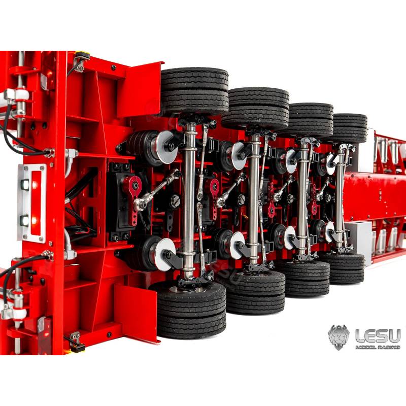 LESU 1/14 RED 4-axle low loader semi-trailer with hydraulic ramps and steering axles for RC truck - LESU LS-A0054-KIT-S