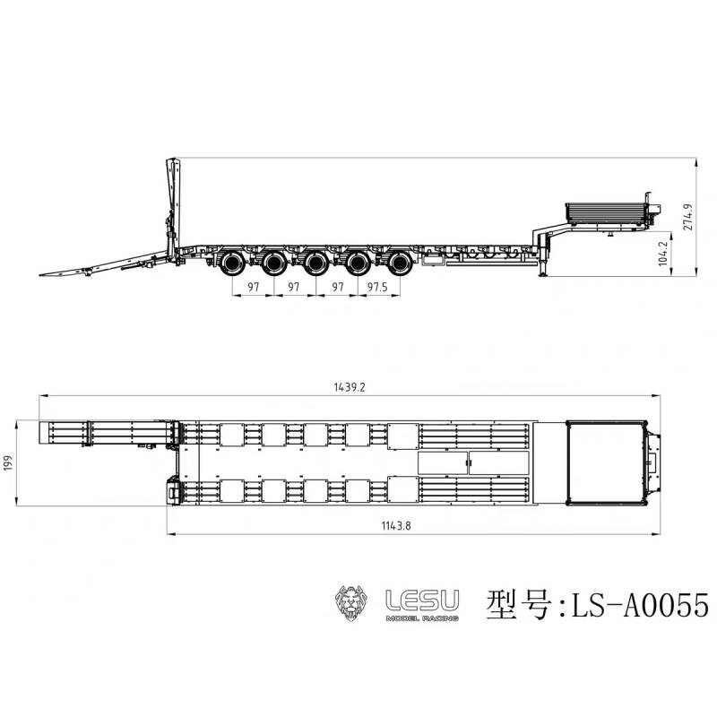 LESU 1/14 RED 5-axle low loader semi-trailer with hydraulic ramps and steering axles for RC truck - LESU LS-A0055-KIT-S
