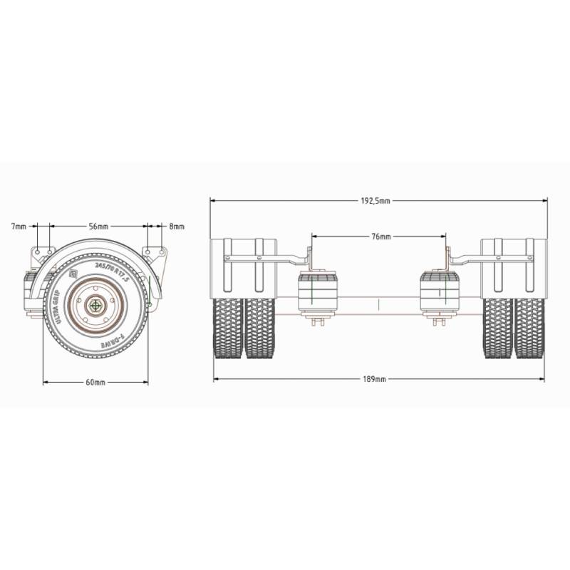 Essieu de remorque surbaissée 1/14 complet avec roues jumelées et garde-boues - SCALE-PARTS SP-03-04-048