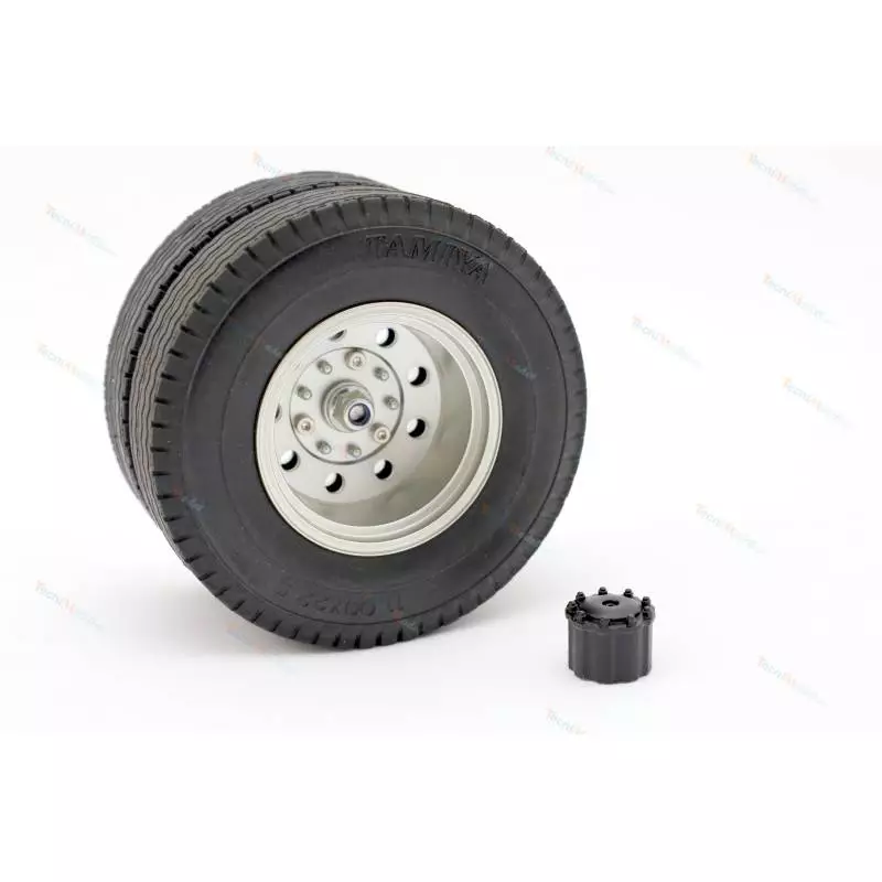 Pair of nut-cover hubs for twin rear wheels on Tamiya 1/14 RC trucks