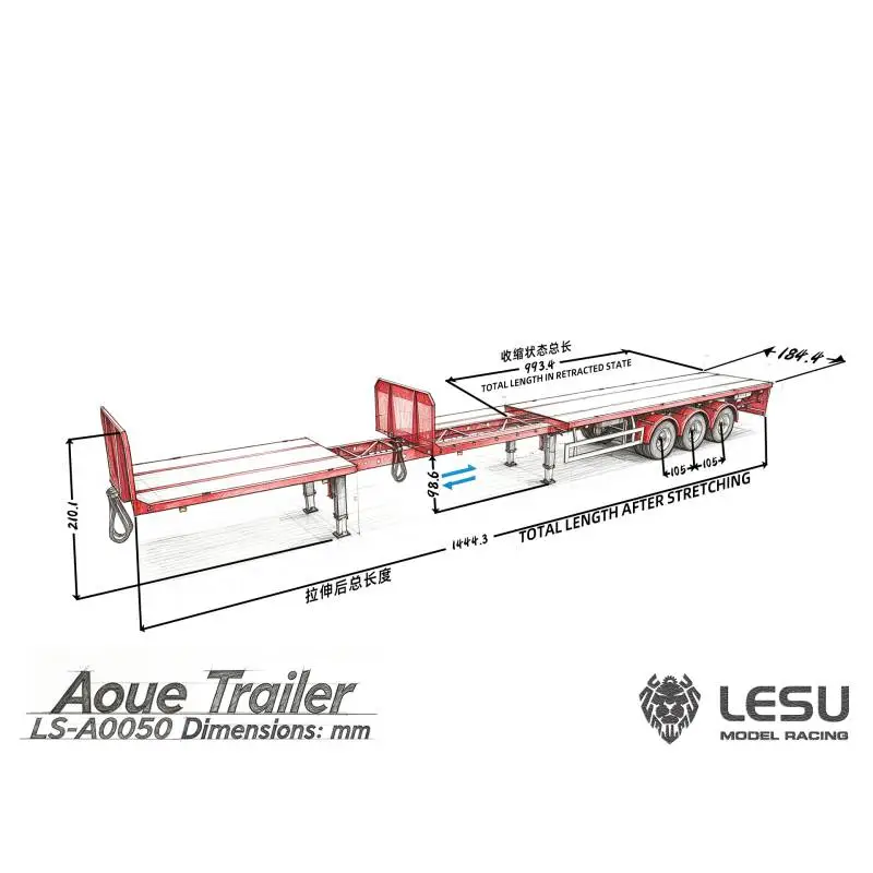 LESU 1/14 3-axle telescopic flatbed semi-trailer with dual wheels - LESU LS-A0050