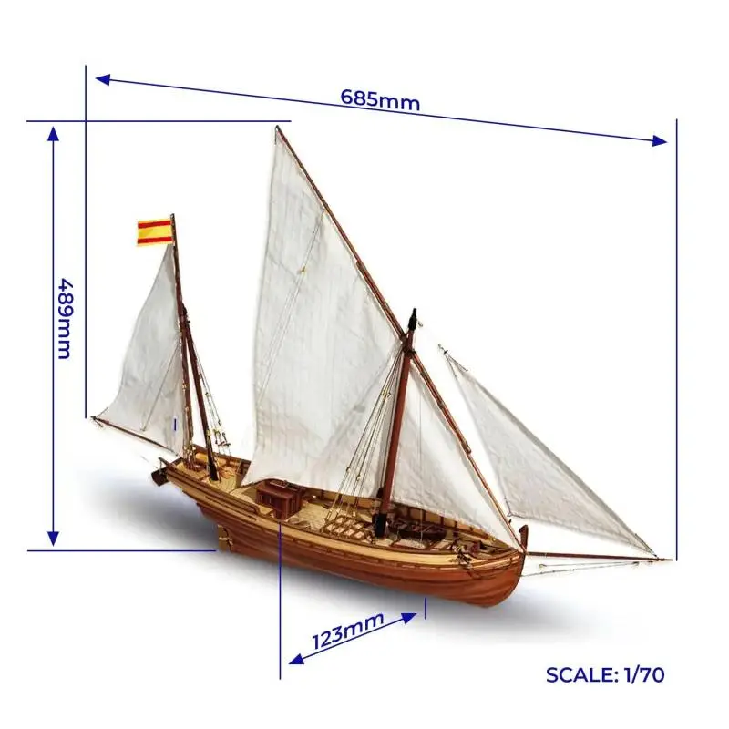 San Juan Felucca Model Ship Kit, 1/70 scale - Dimensions view - OCCRE 12001 - TecniModel